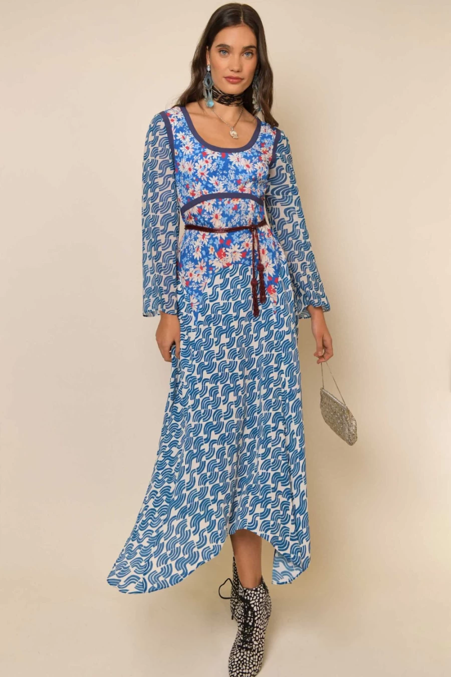 RIXO Women's Blue Abstract Wave Mix Harmony Print Dress