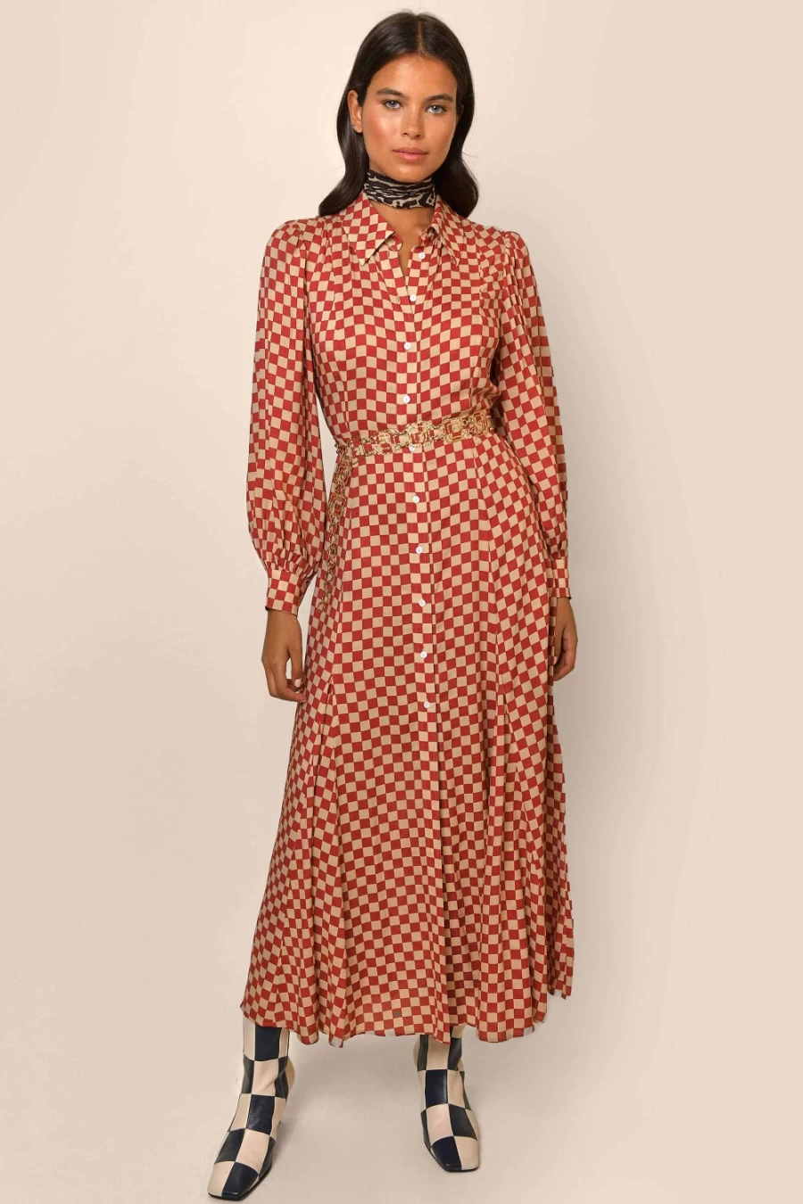 RIXO Women's Maddison Dress in Chilli Checkerboard Pattern - Stylish Checkerboard Print Dress