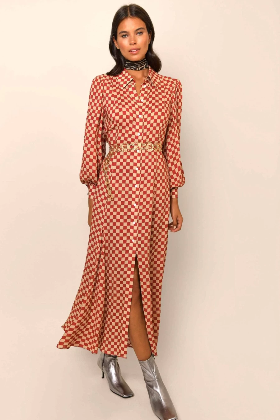RIXO Women's Maddison Dress in Chilli Checkerboard Pattern - Stylish Checkerboard Print Dress