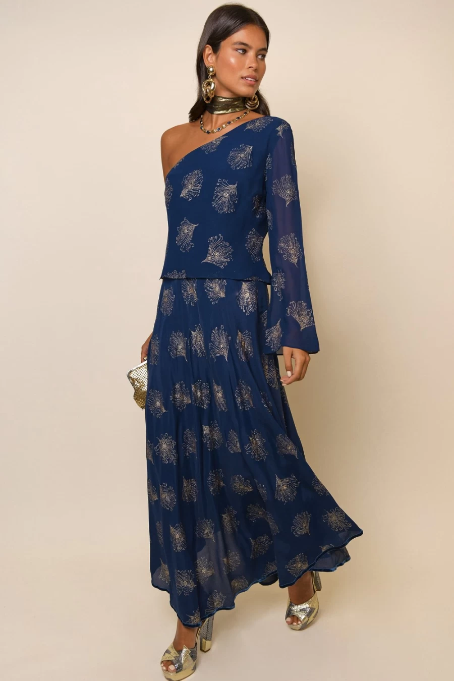RIXO Women's Midnight Glitter Feather Dress - Chaka Elegant Evening Gown