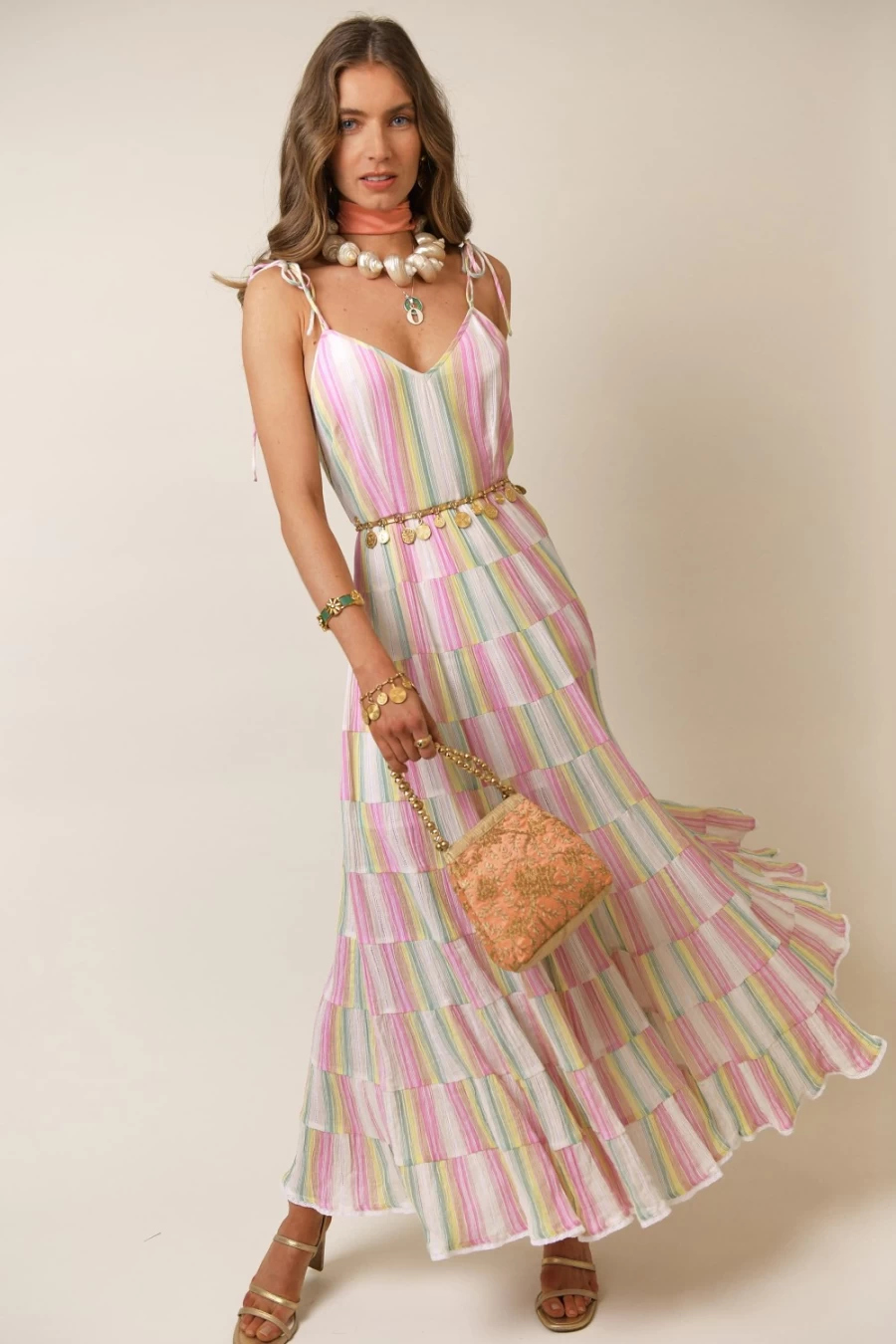 RIXO Women's Sorrento Dress in Rainbow Stripe - Vibrant Striped Summer Dress