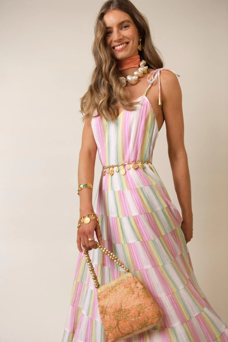 RIXO Women's Sorrento Dress in Rainbow Stripe - Vibrant Striped Summer Dress