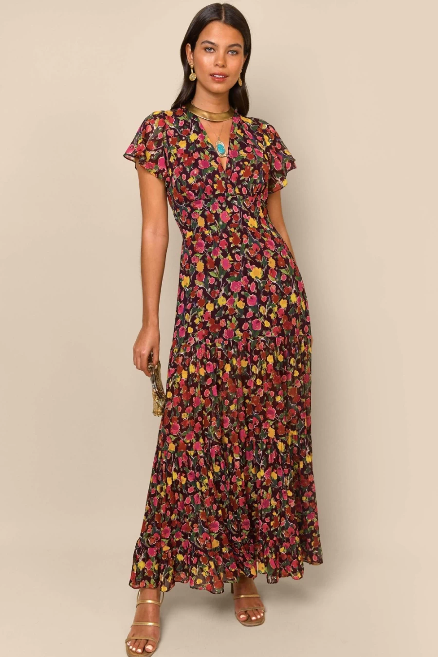 RIXO Women's Delicia Dress in Fontainhas Floral Maroon Print