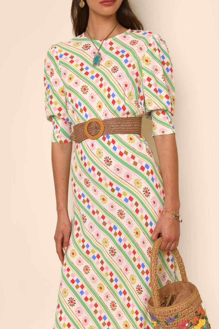 RIXO Women's Cream Retro Stripe Jess Dress - Vintage Inspired Feminine Style