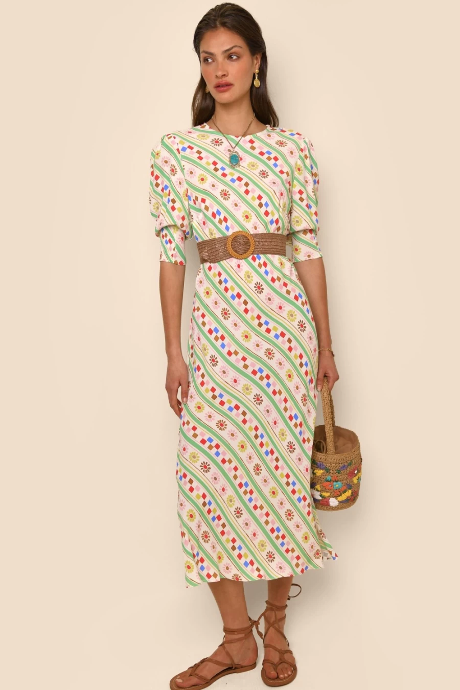 RIXO Women's Cream Retro Stripe Jess Dress - Vintage Inspired Feminine Style