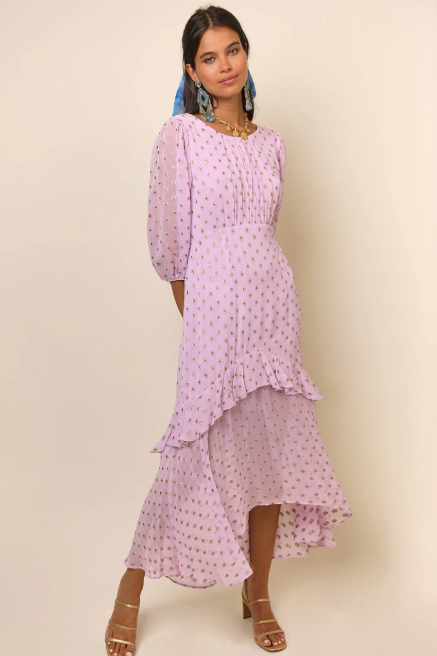 RIXO Women's Lilac Gold Spot Cheryl Floral Print Dress