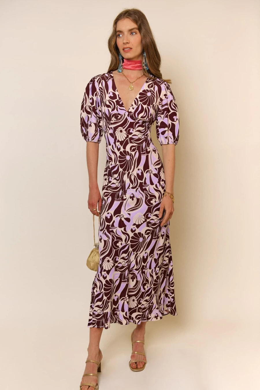 RIXO Women's Poppy Dress in Chocolate Abstract Shell Print - Elegant Floral Design