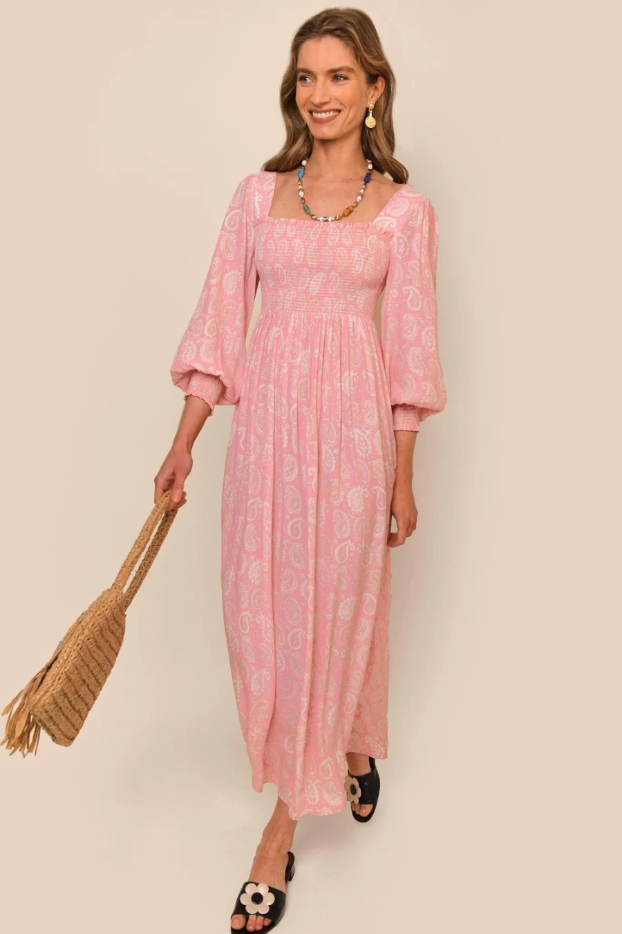 RIXO Women's Marianne Dress in Paisley Stamp Pink Floral Print