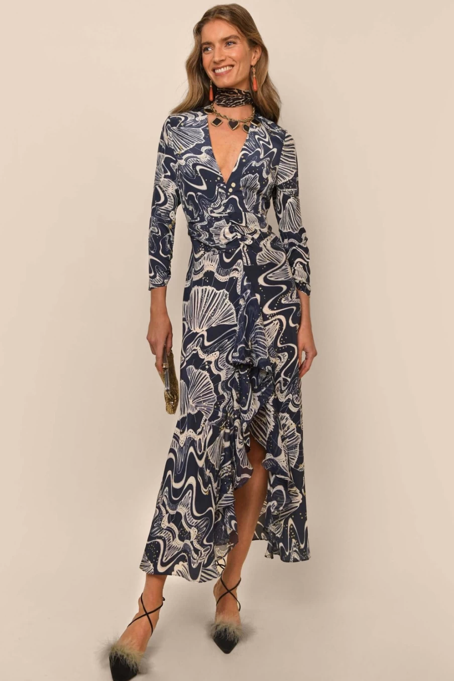RIXO Women's Navy Glitter Psychedelic Shell Rose Print Dress