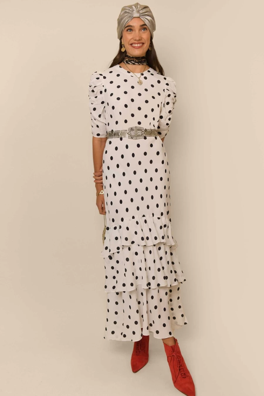 RIXO Women's Evelyn Dress in Ivory Vintage Spot - Vintage Floral Print Summer Dress
