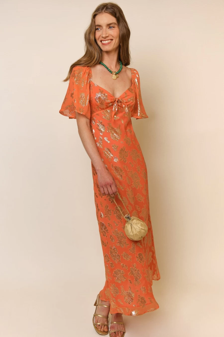 RIXO Women's Lily Metallic Tangerine Dress - Paltrow Style Elegance