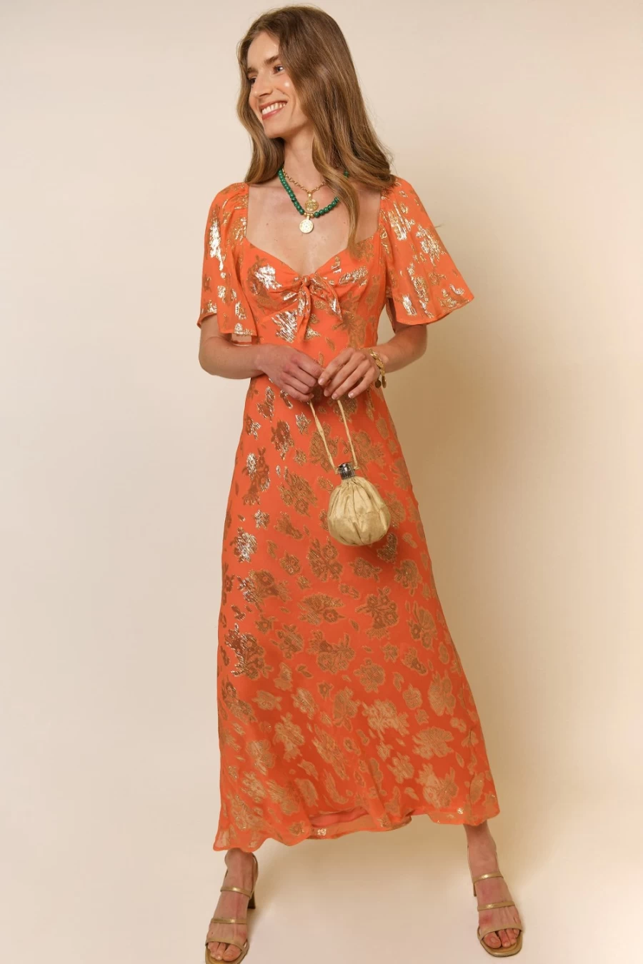 RIXO Women's Lily Metallic Tangerine Dress - Paltrow Style Elegance