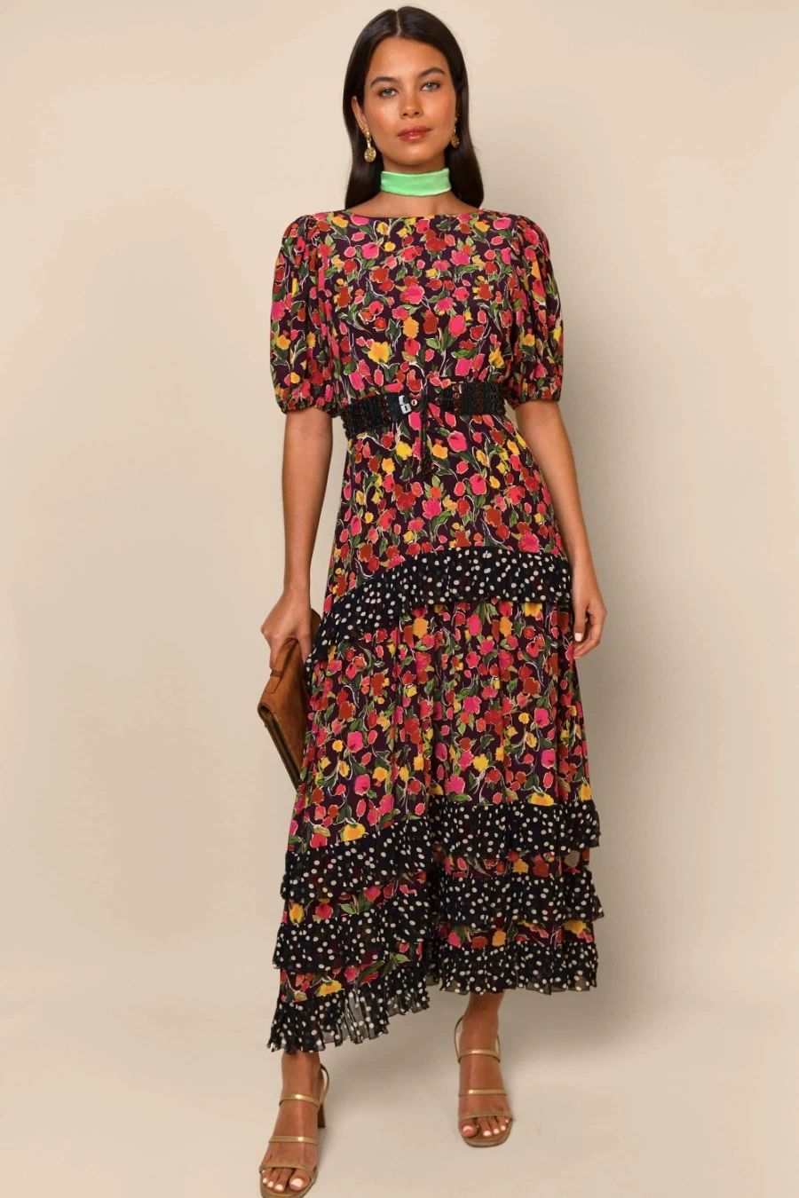 RIXO Women's Fontainhas Floral Maroon Mix Dress - Shireen Floral Print Summer Dress