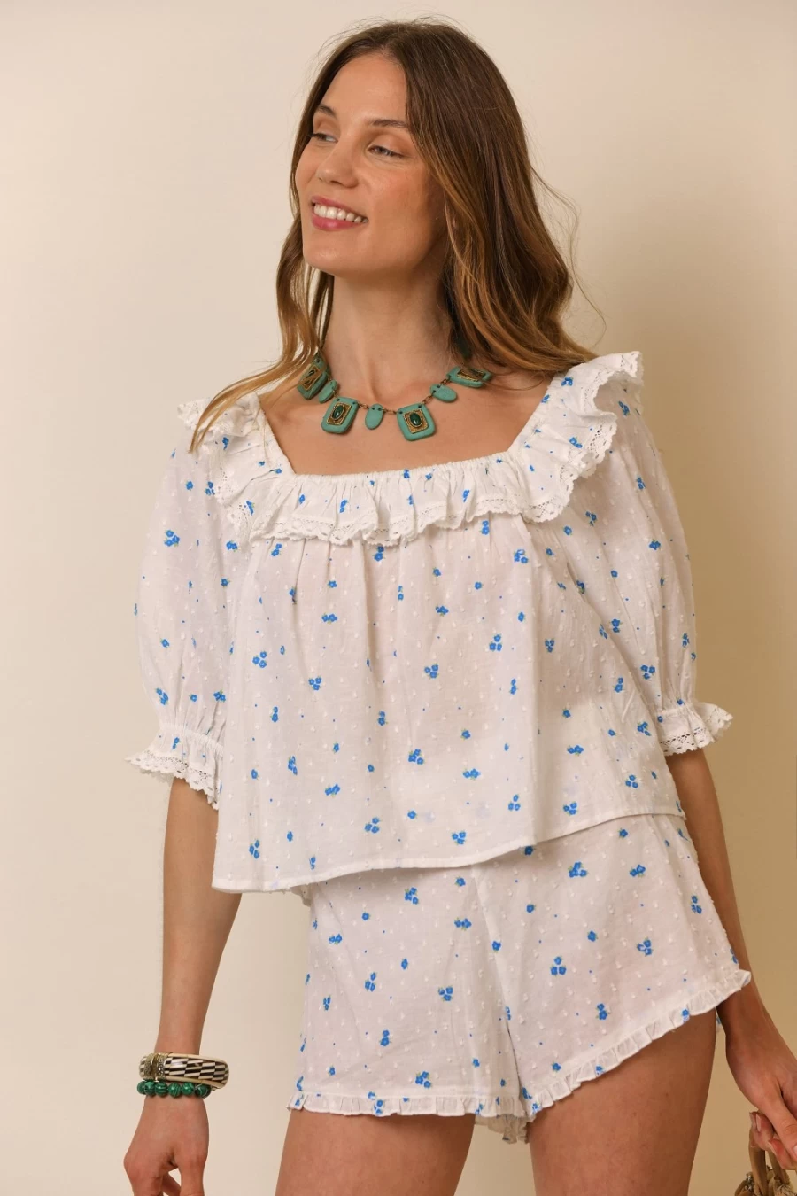 RIXO Women's French Petal Embroidery Cece Blouse