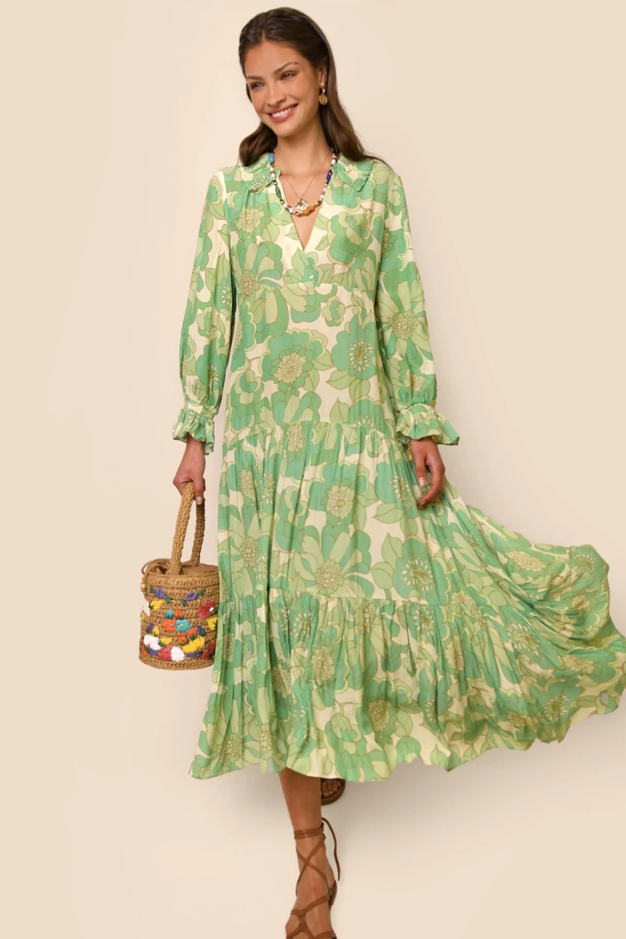RIXO Women's Parisian Daisy Green Mali Dress - Floral Print Summer Dress