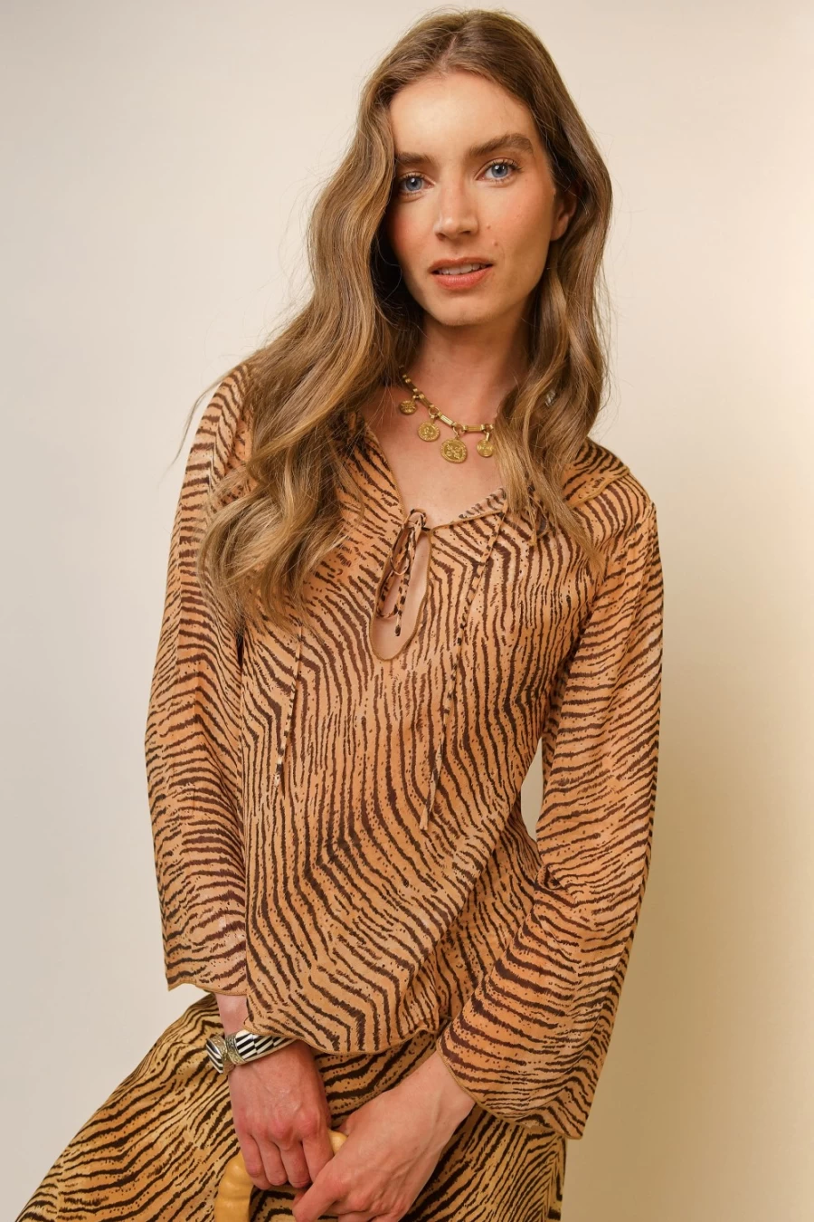 RIXO Women's Darwin Dress in Sepia Tiger Print - Elegant Floral Vintage Style