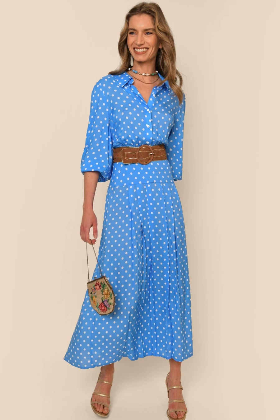 RIXO Women's Polka Dot Blue Dress - Izzy Floral Print Vintage Style Midi Dress