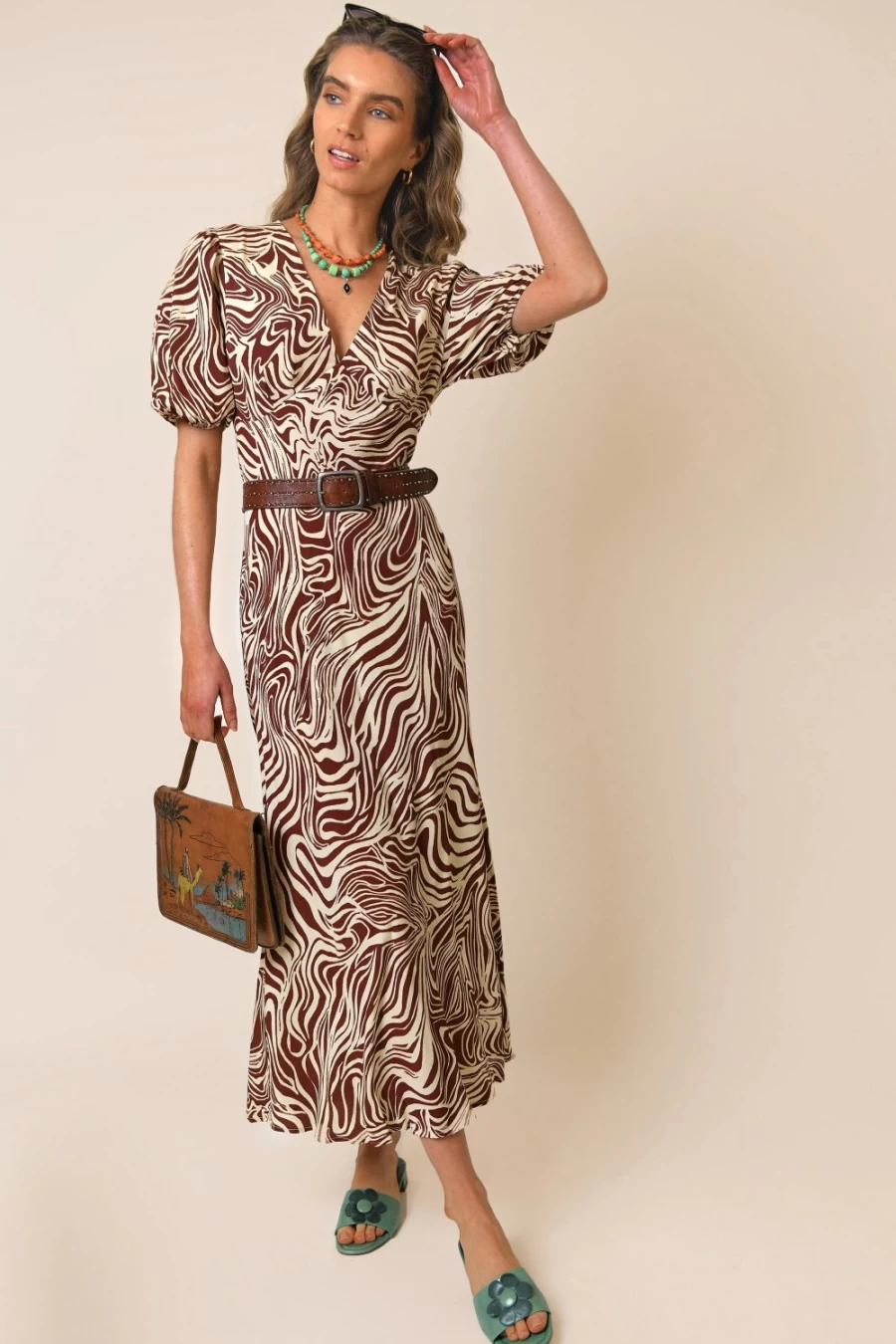 RIXO Women's Poppy Dress in Brown Marble Zebra Print