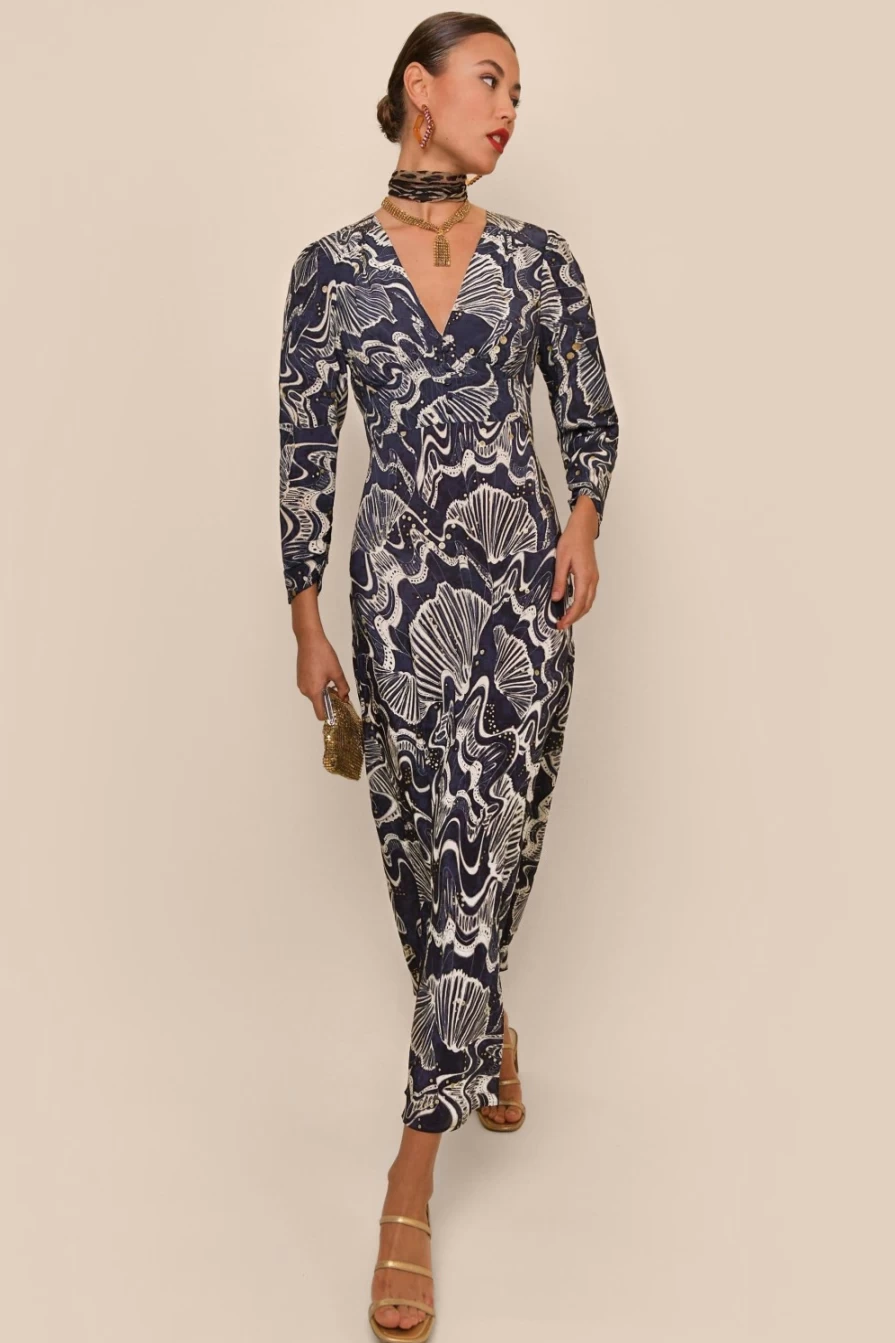 RIXO Women's Selma Navy Glitter Psychedelic Shell Dress