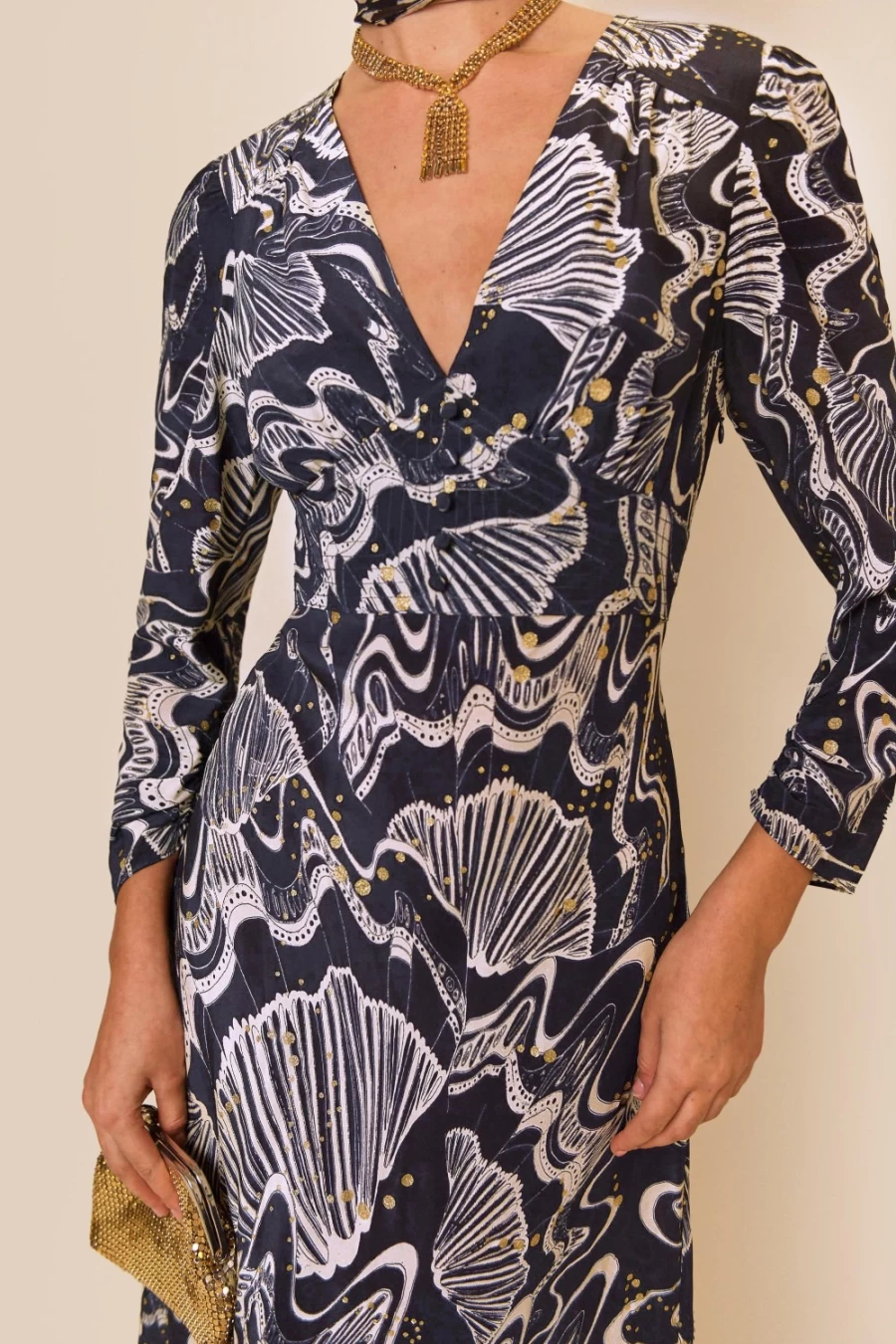 RIXO Women's Selma Navy Glitter Psychedelic Shell Dress
