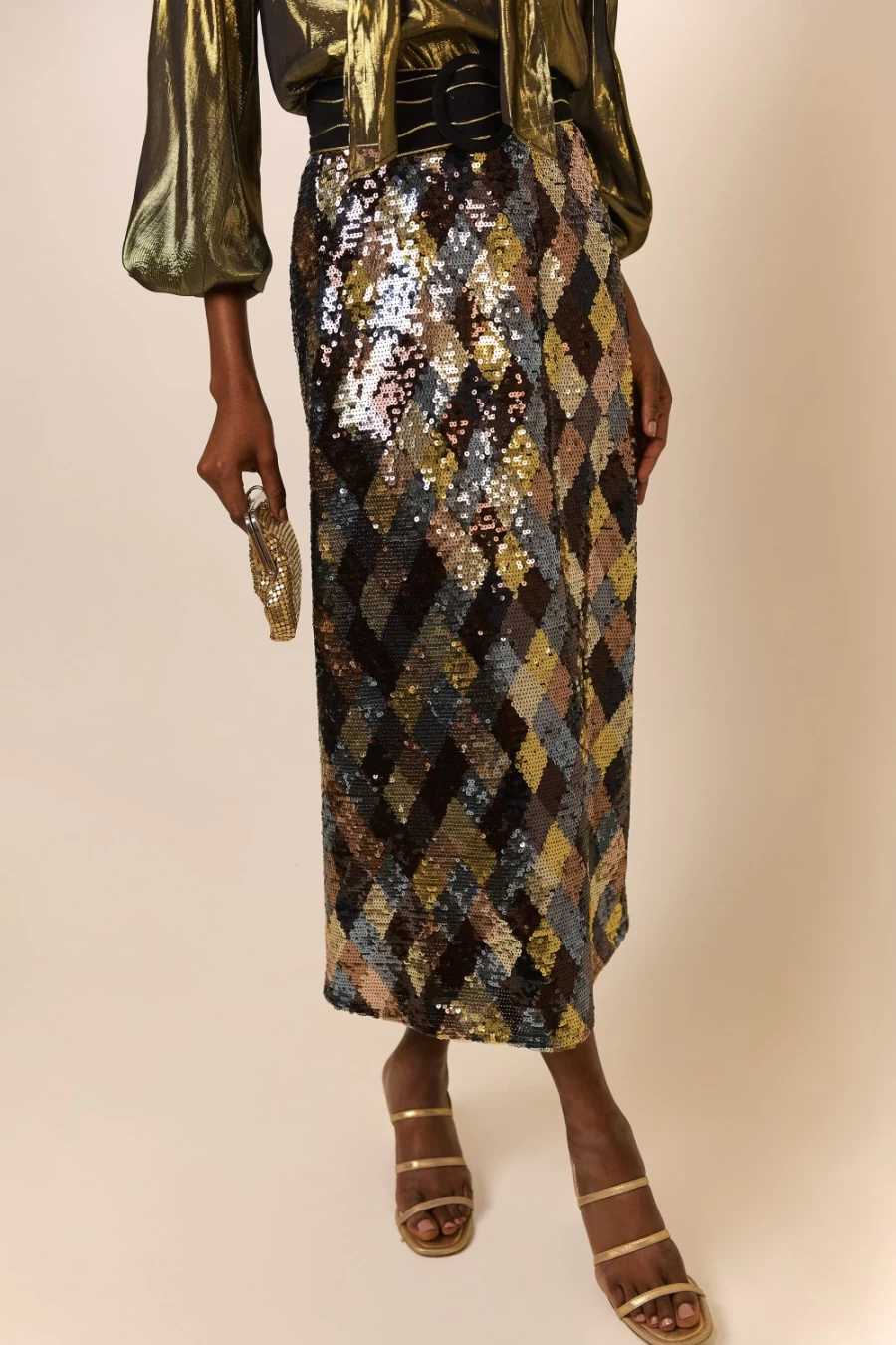 RIXO Women's Gold Harlequin Sequin Kelly Dress - Elegant Glamorous Style